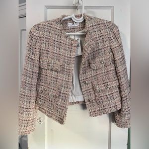 Mango crop tweed blazer in pink and cream